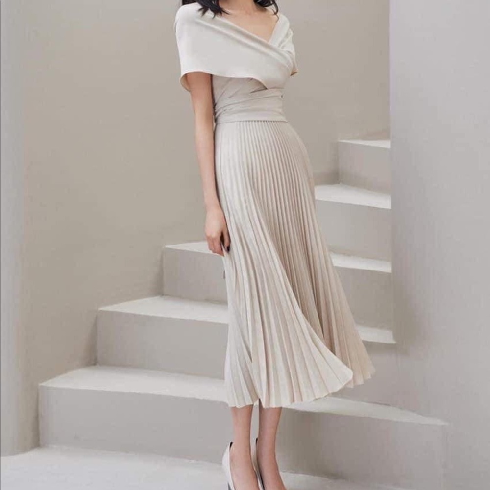 Lane JT Laurene wrap beige nude tan pleated dress